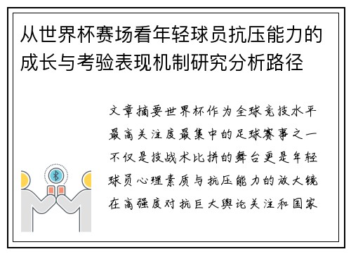 从世界杯赛场看年轻球员抗压能力的成长与考验表现机制研究分析路径