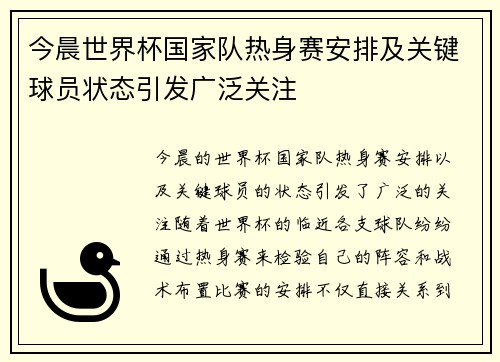今晨世界杯国家队热身赛安排及关键球员状态引发广泛关注